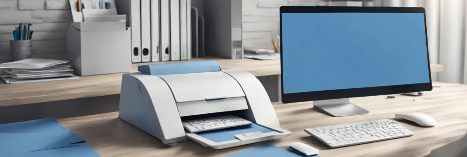 Advogado digitando no computador com envelopes sendo impressos, destacando a automação de correspondências no escritório de advocacia.