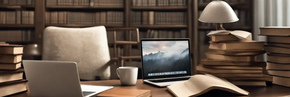 Pessoa de terno escuro trabalhando em um escritório de advocacia com laptop e documentos na mesa, estante de livros jurídicos ao fundo.