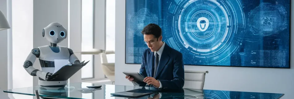 Advogado em escritório moderno usando tablet com tela digital grande e assistente robô segurando documentos.