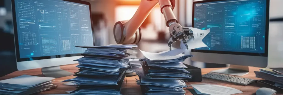 Braço robótico organizando documentos jurídicos em uma mesa de madeira em um escritório moderno.