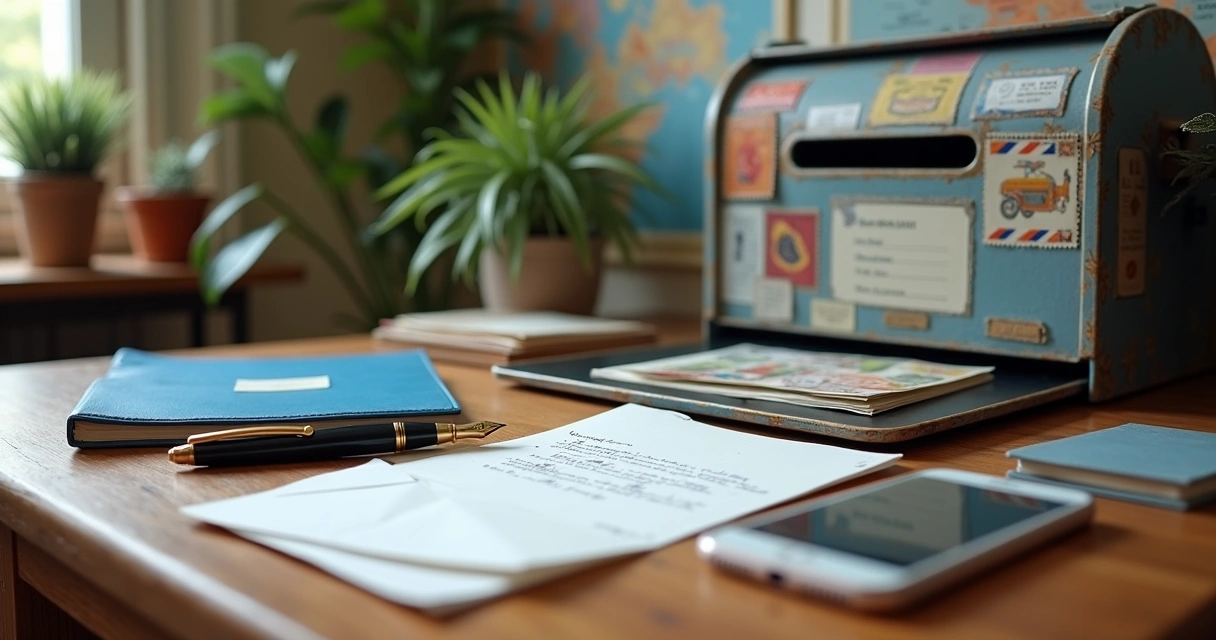 Escritório elegante com mesa de madeira organizada, caneta, envelopes e caixa postal destacando envio de documentos.