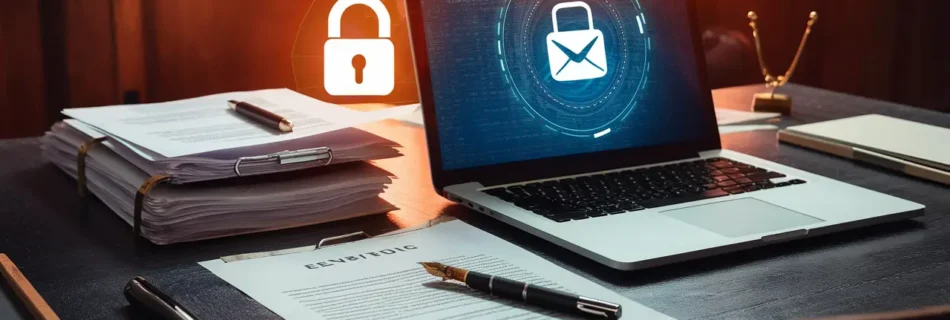 Laptop com interface de e-mail criptografado ao lado de documentos jurídicos em mesa de madeira.