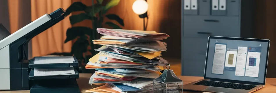 Uma mesa de escritório com máquina de digitalização, documentos coloridos, laptop moderno e armário de arquivos ao fundo.