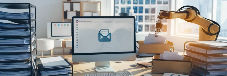 Escritório moderno com documentos legais organizados, computador com ícones de email e braço robótico classificando correspondências.