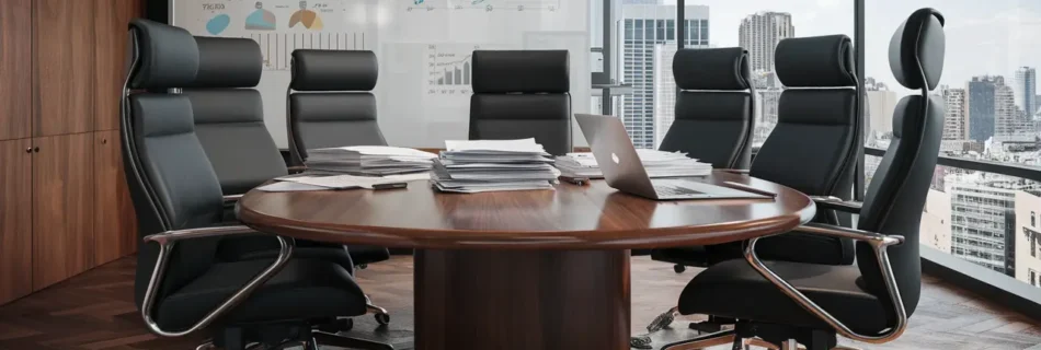 Cena de escritório moderno com mesa de conferência, cadeiras ergonômicas, quadro branco com gráficos e laptop prateado.