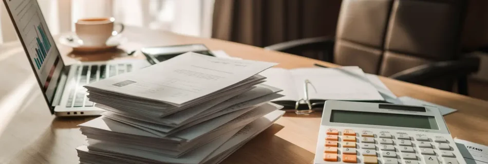 Estação de trabalho com laptop mostrando gráfico financeiro, calculadora, pilha de faturas e xícara de café.