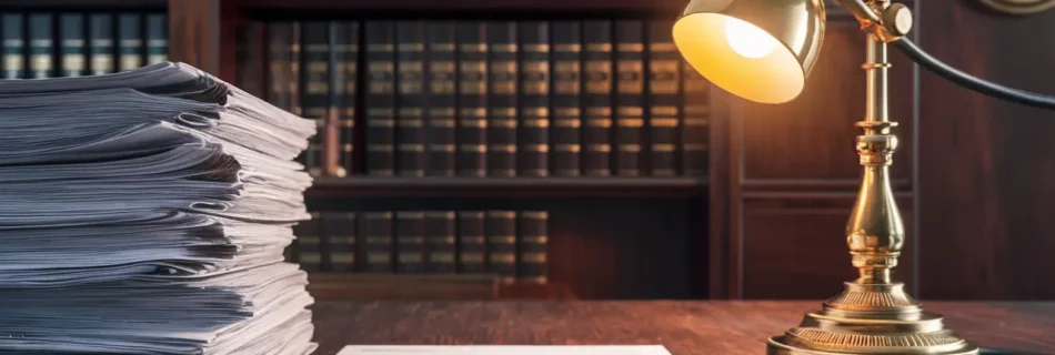Mesa com papéis oficiais, caneta tinteiro, lâmpada de latão e prateleiras de livros jurídicos ao fundo.