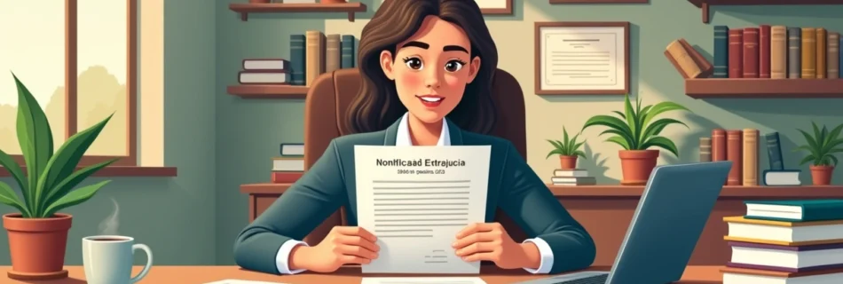 Profissional legal em um escritório, trabalhando em um documento sobre Notificação Extrajudicial.