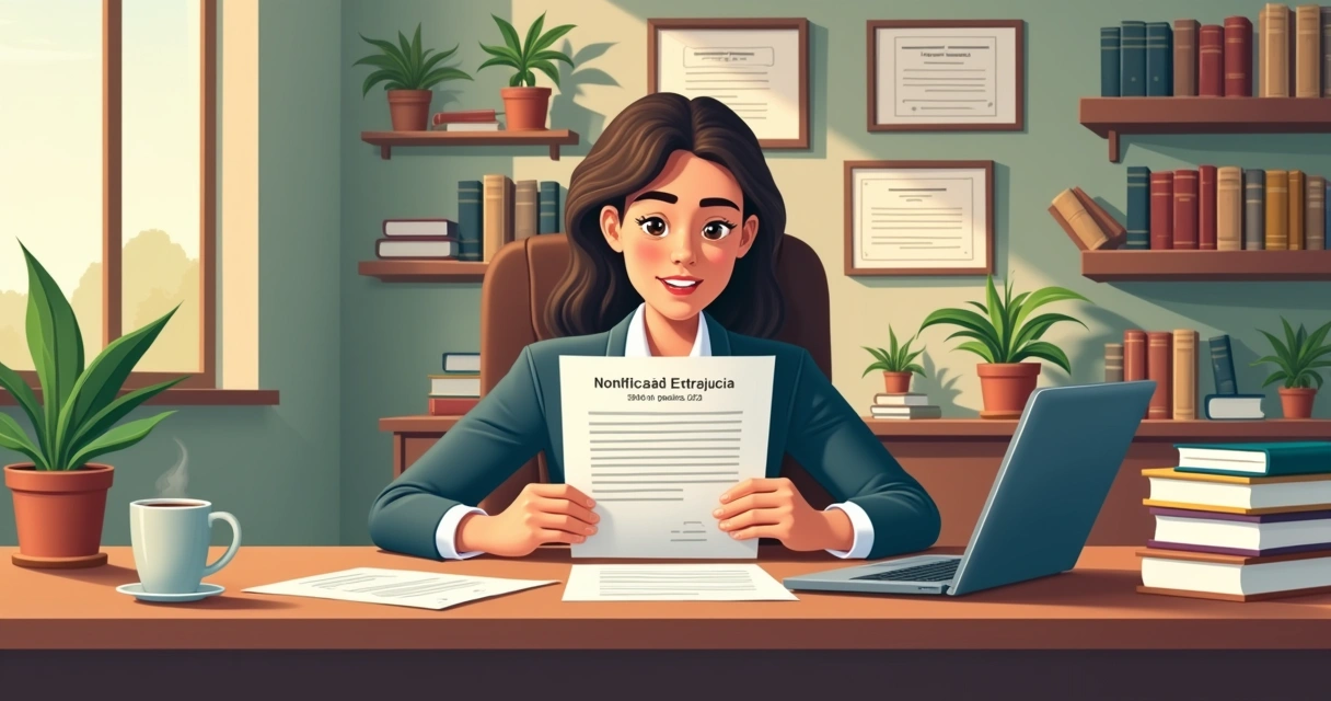 Profissional legal em um escritório, trabalhando em um documento sobre Notificação Extrajudicial.