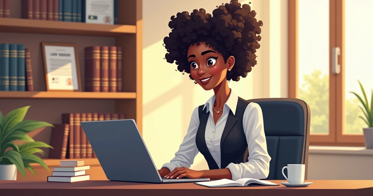 Advogada em escritório moderno, fazendo videochamada com cliente, decorado com livros e diplomas.