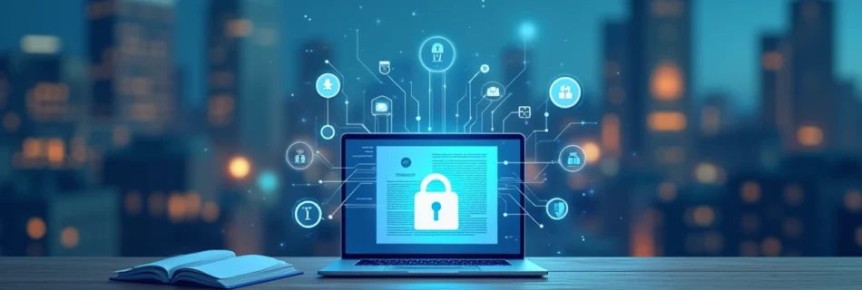 Ambiente de comunicação jurídica segura, com laptop, documento legal e ícones de segurança digital.