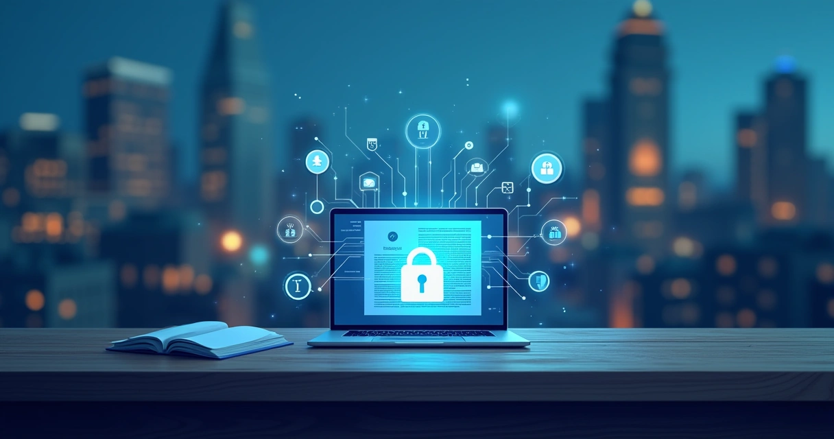 Ambiente de comunicação jurídica segura, com laptop, documento legal e ícones de segurança digital.