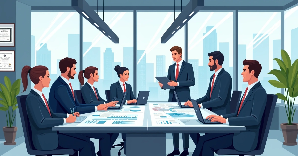 Ilustração de um escritório de advocacia moderno com advogados colaborando em torno de uma mesa digital.