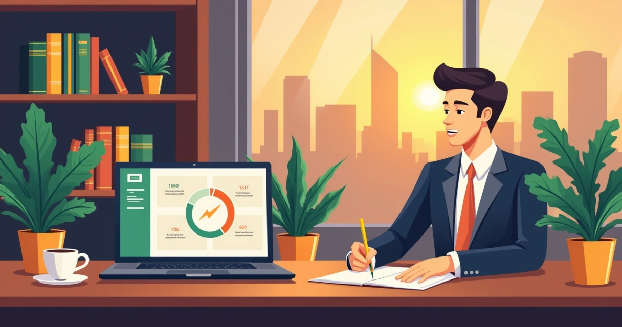 Ambiente de escritório de advogado com laptop, mesa organizada e vista da cidade ao fundo.