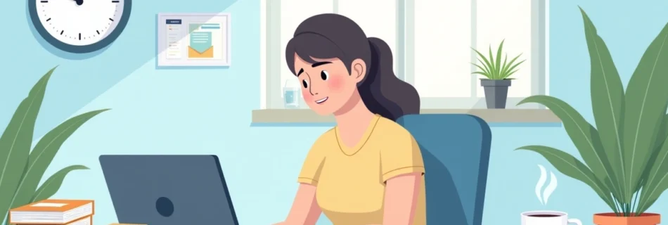 Ilustração de um escritório em casa, com uma pessoa enviando e-mails em um laptop.