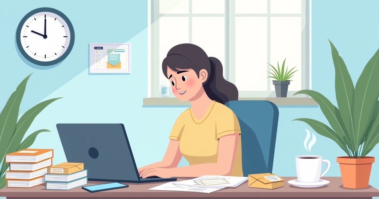 Ilustração de um escritório em casa, com uma pessoa enviando e-mails em um laptop.