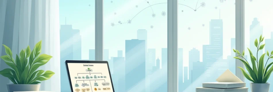 Ilustração de um escritório representando o uso de uma holding no planejamento sucessório com documentos e laptop.