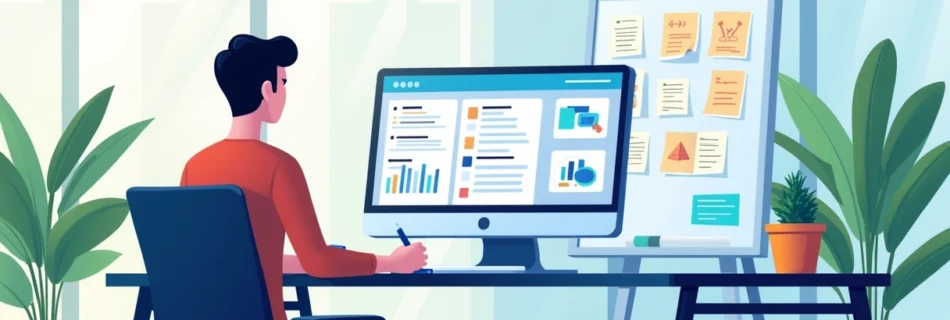 Espaço de trabalho moderno com profissional usando a API da Escrybe. Escritório iluminado e organizado.