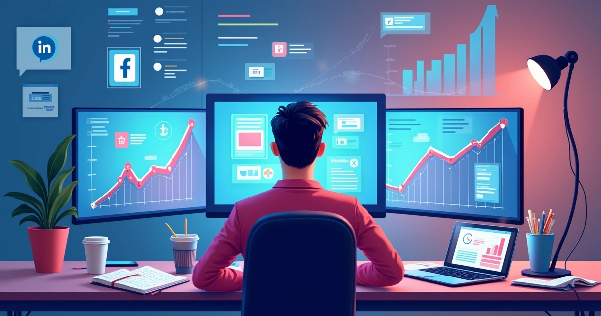 Ilustração de um especialista em marketing digital com várias telas mostrando plataformas online e gráficos de crescimento.