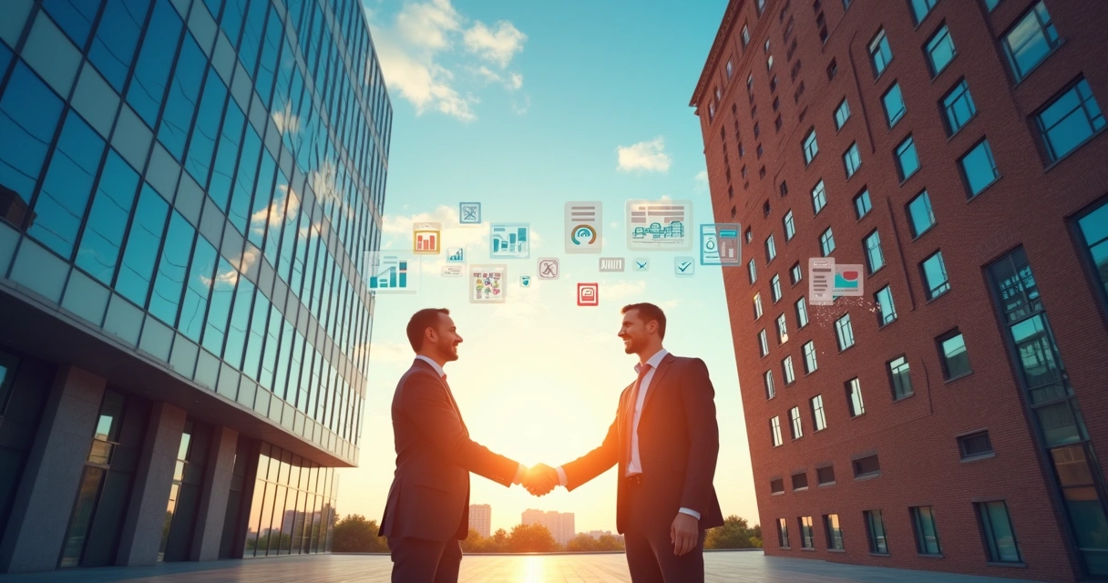 Representação artística de uma fusão empresarial com prédios, pessoas de negócios e ícones digitais.