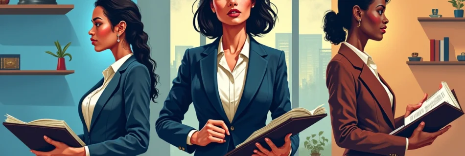 Ilustração de uma mulher advogada no centro, rodeada por detalhes sobre a história das mulheres na advocacia.