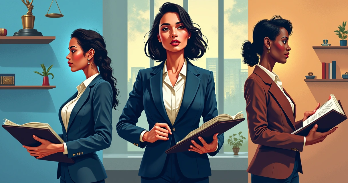 Ilustração de uma mulher advogada no centro, rodeada por detalhes sobre a história das mulheres na advocacia.