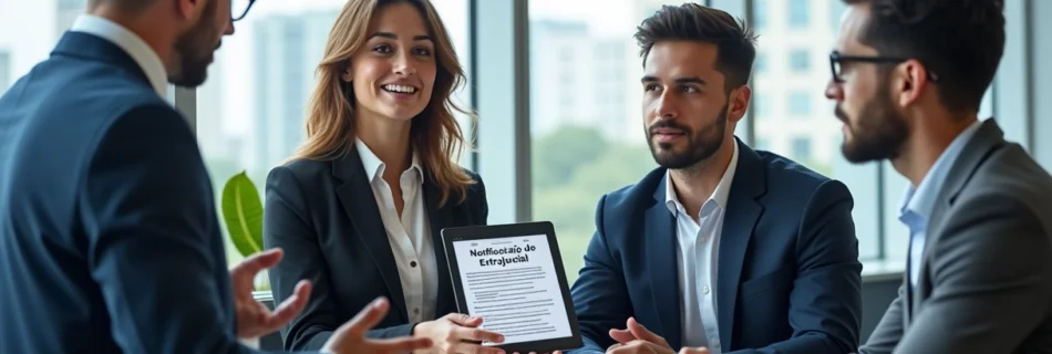 Reunião em escritório sobre Notificação Extrajudicial, com documentos e profissionais discutindo.
