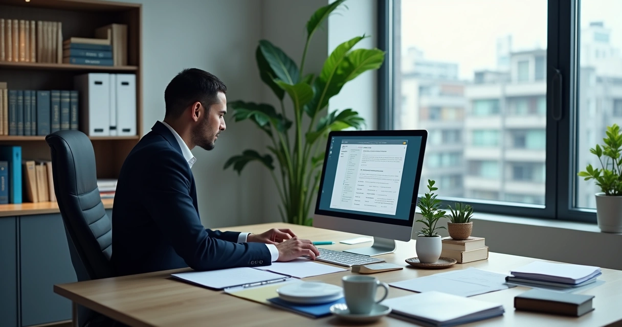 Escritório moderno de advocacia com advogado usando software de automação em uma mesa organizada.