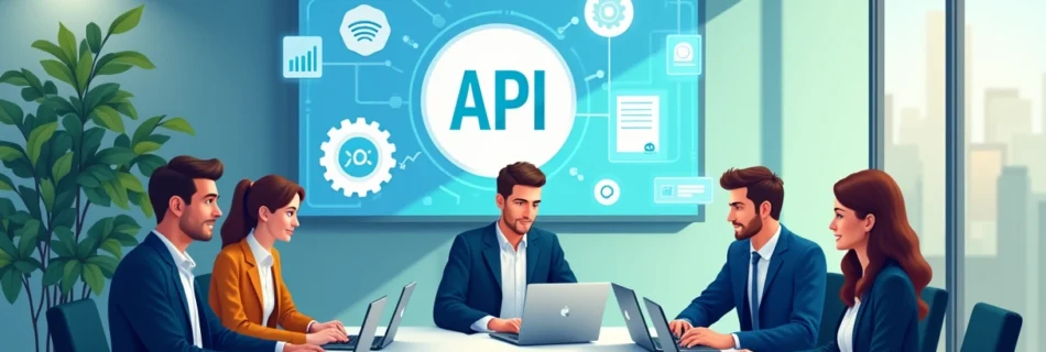 Ilustração de um escritório jurídico com integração da API Escrybe, profissionais em colaboração, cores calmantes.