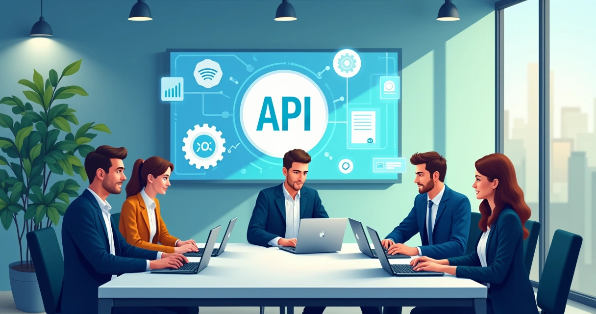 Ilustração de um escritório jurídico com integração da API Escrybe, profissionais em colaboração, cores calmantes.