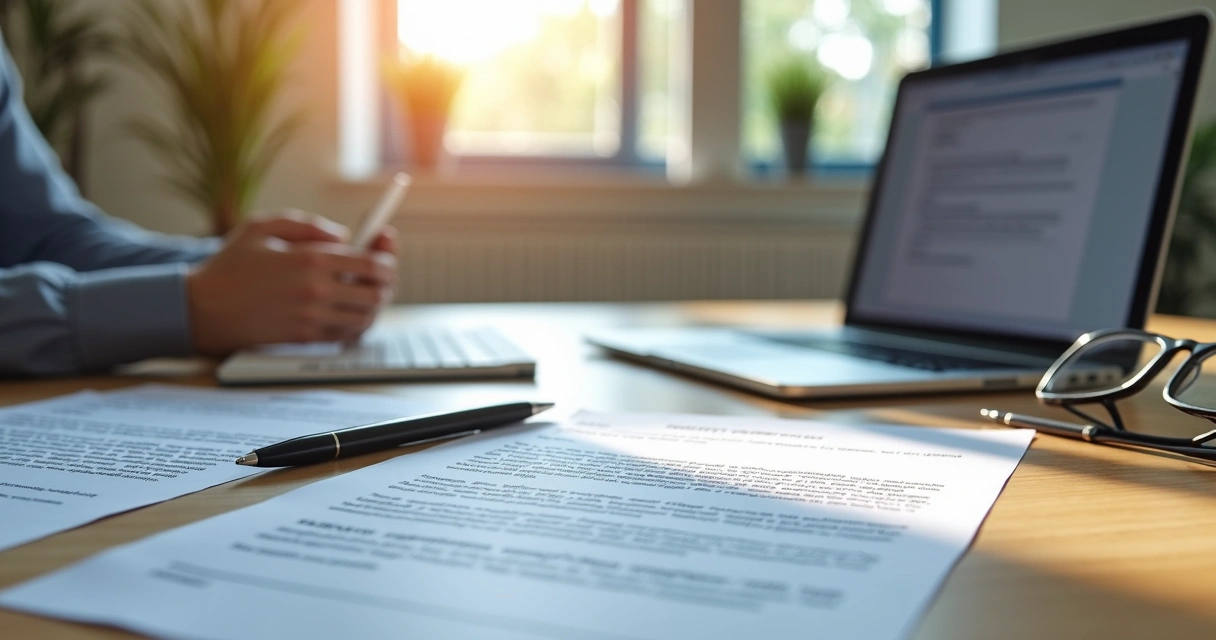 Mesa de escritório com várias cartas de cobrança organizadas, laptop aberto mostrando modelo de notificação, caneta e óculos sobre a mesa