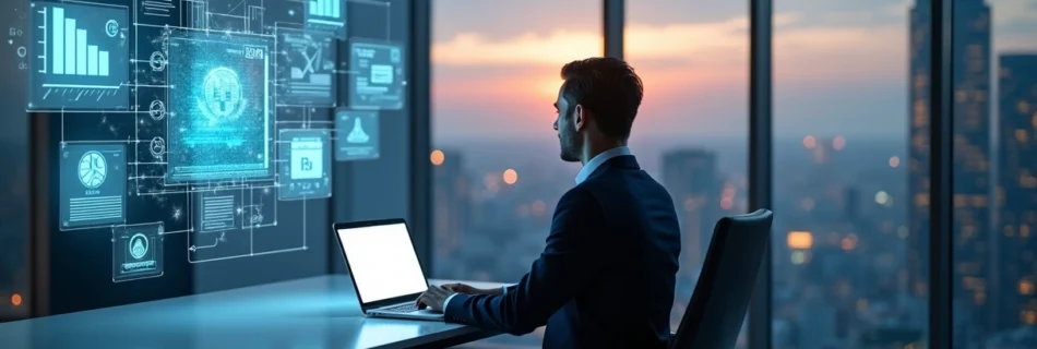 Profissional do direito usando laptop com hologramas digitais jurídicos em ambiente moderno