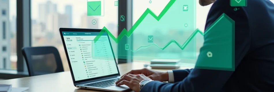 Advogado usando notebook para enviar notificações automáticas com gráficos de crescimento ao fundo