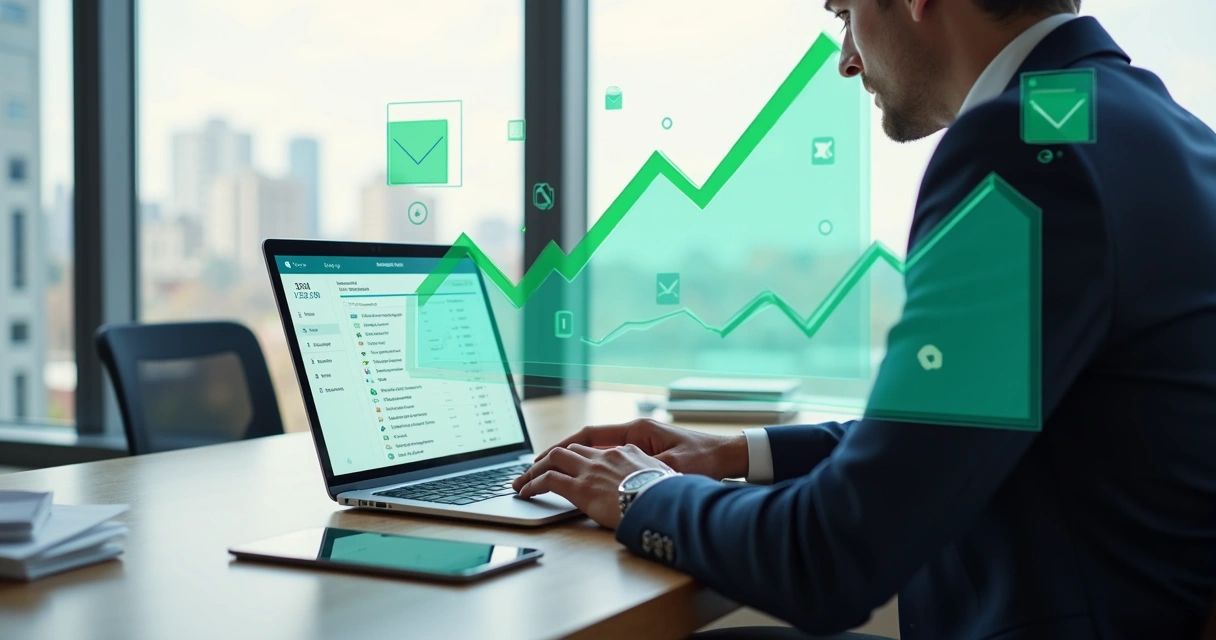 Advogado usando notebook para enviar notificações automáticas com gráficos de crescimento ao fundo