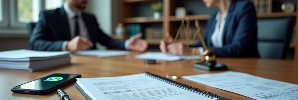 Advogado mostrando no notebook notificação jurídica enviada por WhatsApp