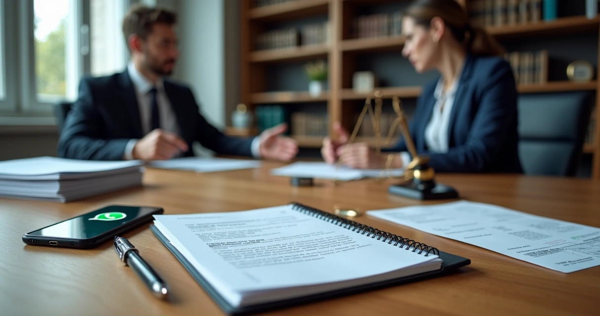 Advogado mostrando no notebook notificação jurídica enviada por WhatsApp