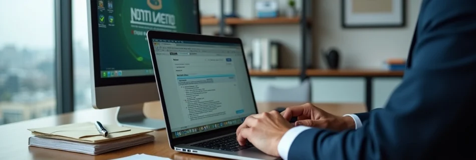 Advogado enviando notificação extrajudicial online em escritório moderno