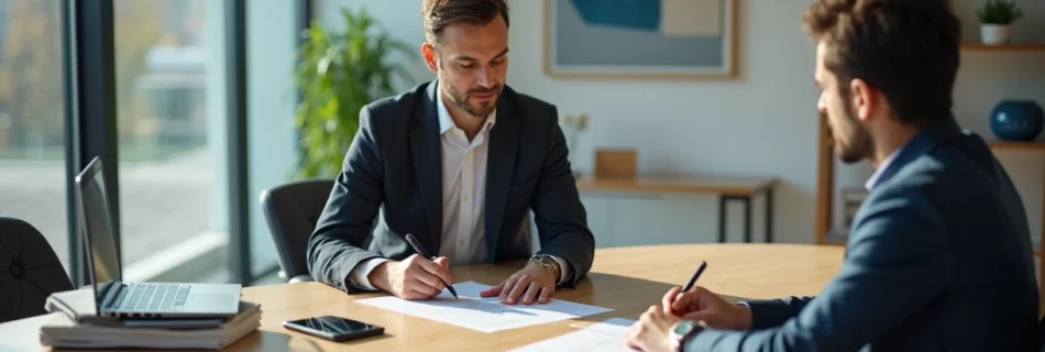Advogado em reunião cordial de cobrança com cliente no escritório