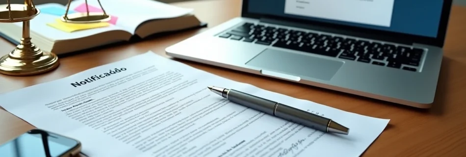 Mesa de advogado com notificação extrajudicial impressa e computador ao lado