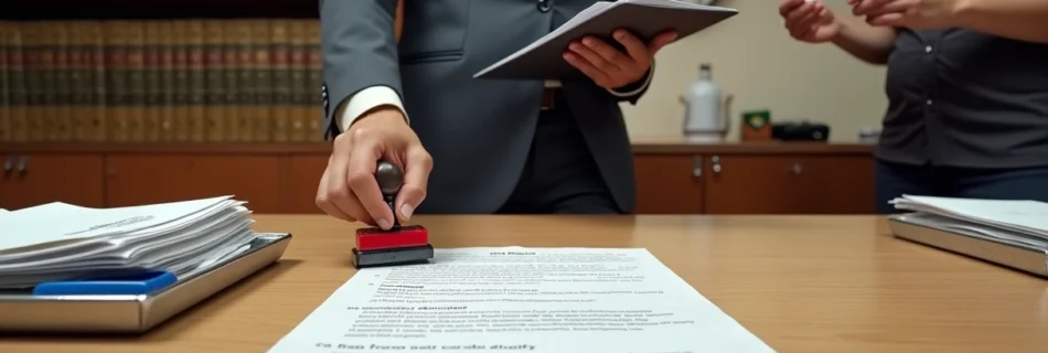 Atendente de cartório carimbando notificação extrajudicial no balcão