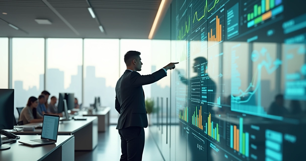 Profissional analisando mural transparente com gráficos de cobrança e prazos