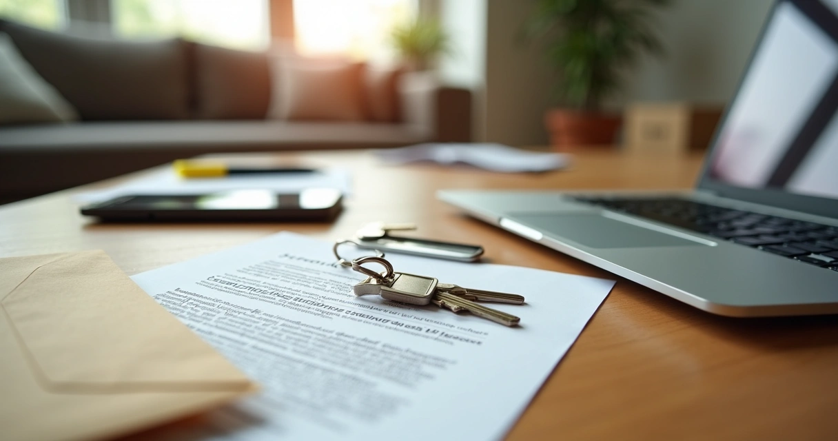 Envelope de notificação sobre a mesa em frente a chaves de imóvel
