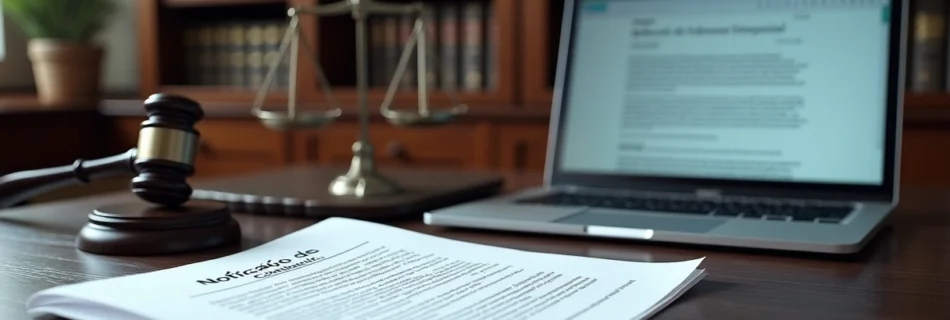 Mesa de advogado com notificação de cobrança extrajudicial impressa ao lado de laptop e símbolos de justiça digital