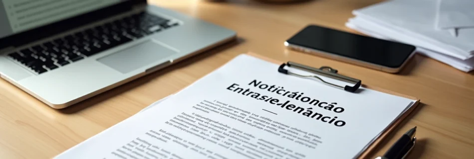 Mesa organizada com documento de notificação extrajudicial de cobrança pronto para assinatura