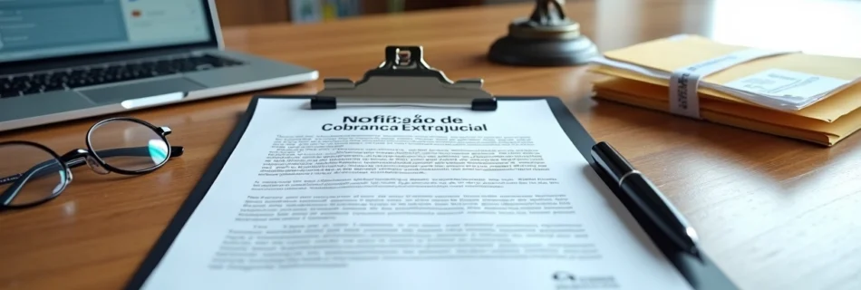 Mesa com documentos de notificação de cobrança extrajudicial organizados ao lado de notebook