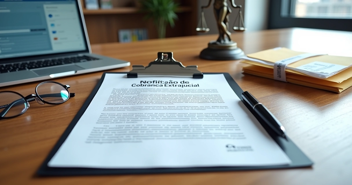 Mesa com documentos de notificação de cobrança extrajudicial organizados ao lado de notebook