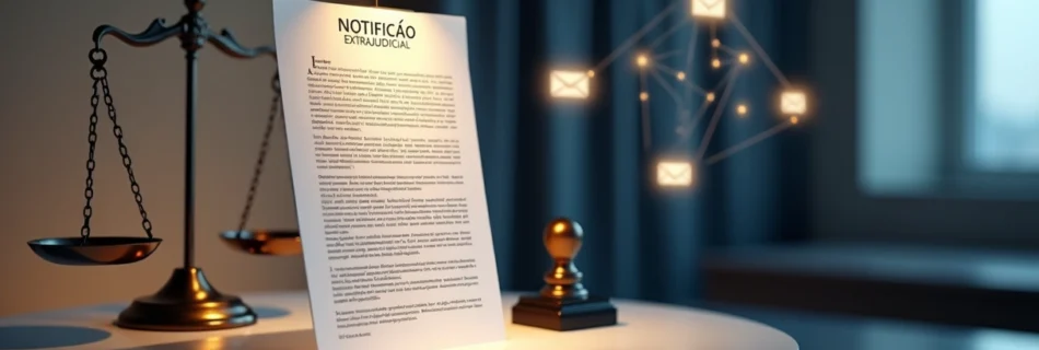 Documento de notificação extrajudicial em destaque diante de balança e carimbo jurídicos