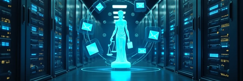 Corredor de servidores iluminados com símbolo de justiça digital flutuando ao centro