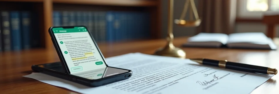 Tela de celular com conversa de WhatsApp ao lado de documento jurídico sobre mesa de advogado