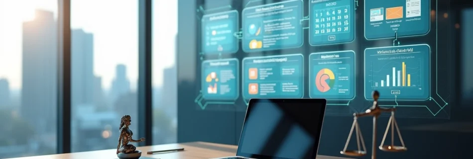 Painel digital mostrando automação de tarefas em escritório jurídico moderno